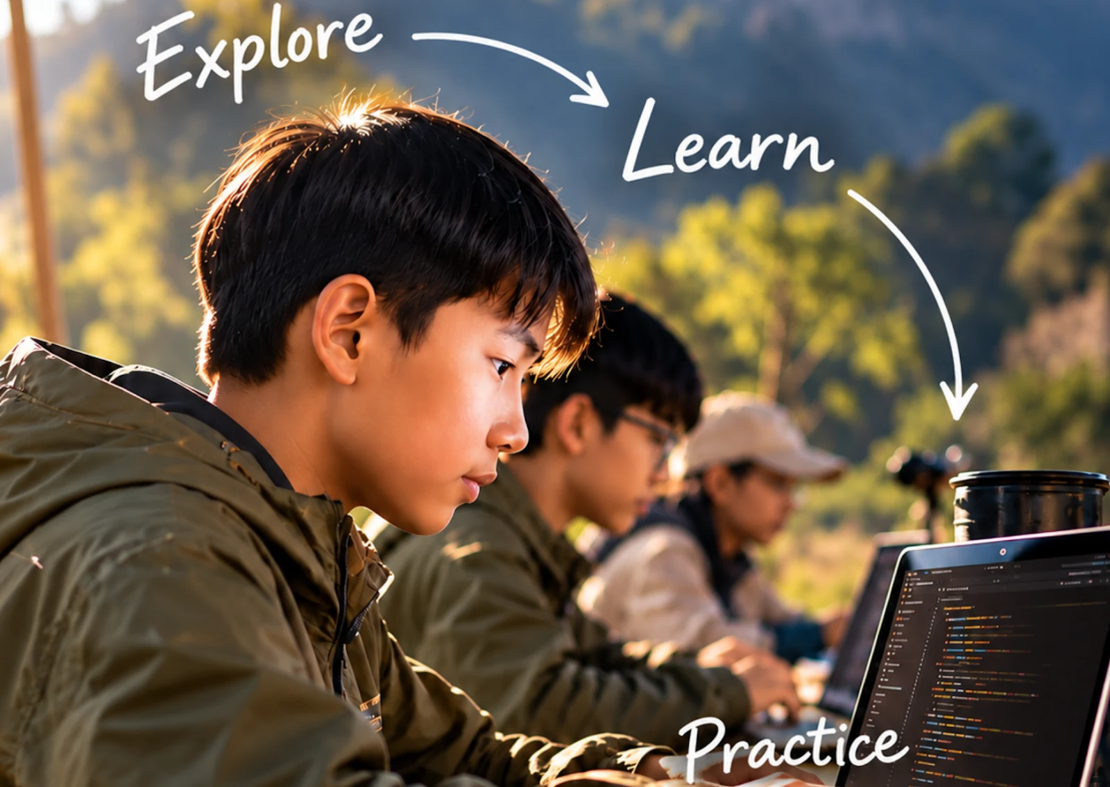 Anak belajar coding menggunakan laptop dengan latar alam, disertai tulisan Explore, Learn, dan Practice.