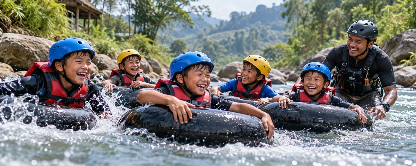 Visual ilustratif anak mengikuti tantangan tubing bersama fasilitator.