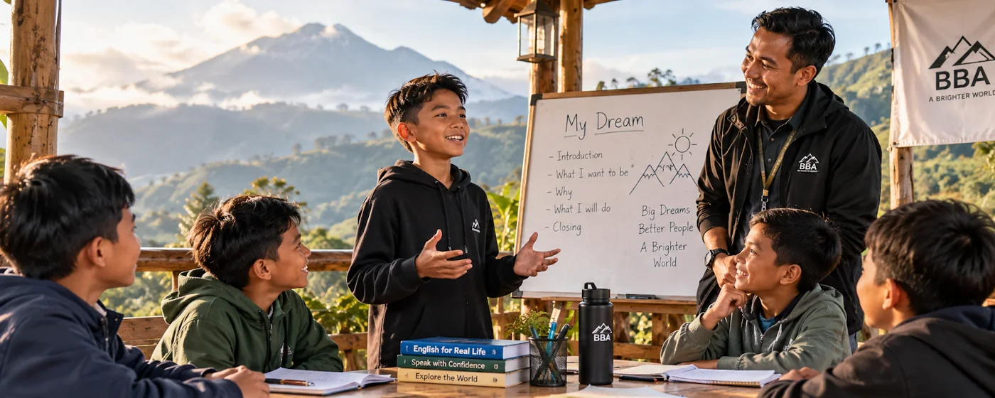 Visual ilustratif anak berlatih presentasi English bersama kelompok dan fasilitator.