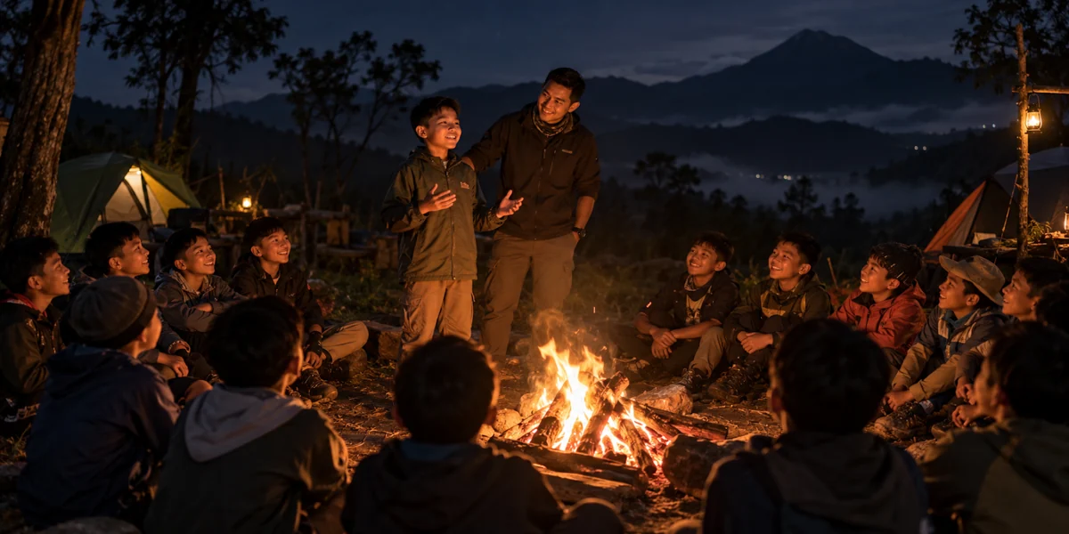 Anak berbagi cerita bersama kelompok di sekitar api unggun.