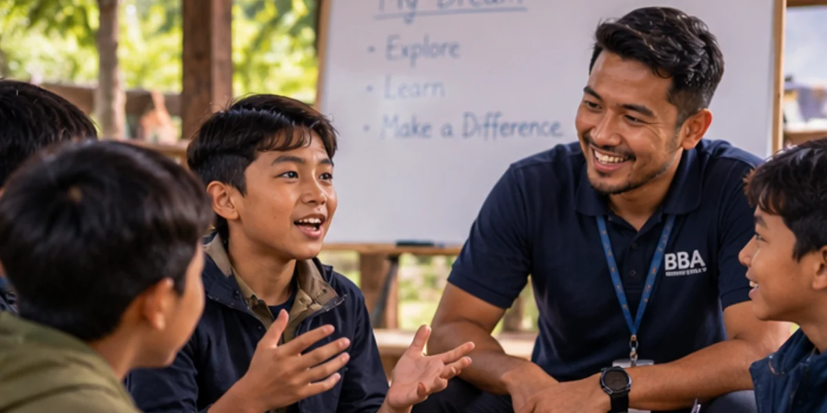Anak berlatih berbicara dalam diskusi kelompok bersama fasilitator.