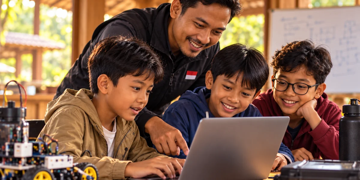 Anak membuat project teknologi menggunakan laptop bersama fasilitator.